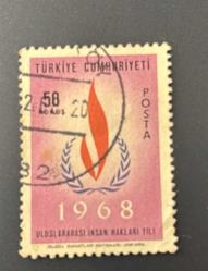 Türk Pulu - Turkish Stamp -  Postadan Geçmiş Pul Filateli - DAMGALI - 1968 ULUSLARARASI İNSAN HAKLARİ YILI TEMALI PUL, 50 KURUŞ - Türkiye Cumhuriyeti - NOSTALJİK DOĞUM GÜNÜ HEDİYESİ