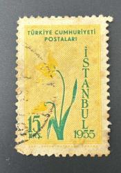 Türk Pulu - Turkish Stamp -  Postadan Geçmiş Pul Filateli - DAMGALI - 1955 YILI MİLLETLERARASI PUL SEERGİSİ - KARDELEN ÇİÇEĞİ TEMALI PUL  15 KURUŞ- Türkiye Cumhuriyeti - NOSTALJİK DOĞUM GÜNÜ HEDİYESİ