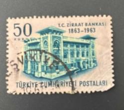 Türk Pulu - Turkish Stamp -  Postadan Geçmiş Pul Filateli - DAMGALI - T.C. ZİRAAT BANKASI GENEL MÜDÜRLÜK BİNASI 1863-1963 TEMALI PUL, 50 KURUŞ - Türkiye Cumhuriyeti - NOSTALJİK DOĞUM GÜNÜ HEDİYESİ