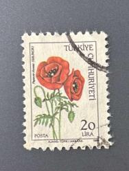 Türk Pulu - Turkish Stamp -  Postadan Geçmiş Pul Filateli - DAMGALI - GELİNCİK ÇİÇEĞİ TEMALI PUL, 20 LİRA - Türkiye Cumhuriyeti - NOSTALJİK DOĞUM GÜNÜ HEDİYESİ