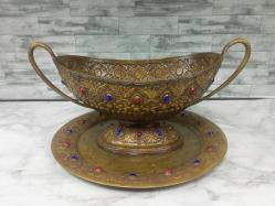 NADİR ANTİKA Kabartma İşçilikli Değerli Taş Süslemeli Bakır Gondol ve Tepsi Takımı