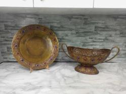 NADİR ANTİKA Kabartma İşçilikli Değerli Taş Süslemeli Bakır Gondol ve Tepsi Takımı