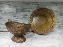 NADİR ANTİKA Kabartma İşçilikli Değerli Taş Süslemeli Bakır Gondol ve Tepsi Takımı