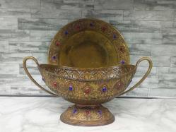 NADİR ANTİKA Kabartma İşçilikli Değerli Taş Süslemeli Bakır Gondol ve Tepsi Takımı