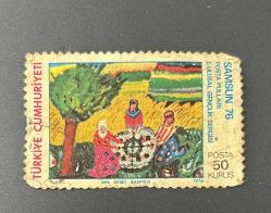 Türk Pulu - Turkish Stamp -  1976-Postadan Geçmiş Pul Filateli - DAMGALI - SAMSUN 76 - I. ULUSAL GENÇLİK SERGİSİ TEMALI PUL, 50 KURUŞ - Türkiye Cumhuriyeti - NOSTALJİK DOĞUM GÜNÜ HEDİYESİ