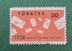 Türk Pulu - Turkish Stamp -  Postadan Geçmiş Pul Filateli - 1958 MEKTUP YAZMA HAFTASI TEMALI PUL, 20 PARA - Türkiye Cumhuriyeti - NOSTALJİK DOĞUM GÜNÜ HEDİYESİ