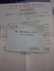 1958, NUR PALAS OTELİ ( Sirkeci, Ebussuut Caddesi No.62 )  Merzifonlu Ahmet Tarhan tarafından Sayın Abdurrahman Öncül'e gönderilmiş Osmanlıca mektup