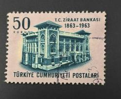 Türk Pulu - Turkish Stamp -  Postadan Geçmiş Pul Filateli - DAMGALI - T.C. ZİRAAT BANKASI GENEL MÜDÜRLÜK BİNASI 1863-1963 TEMALI PUL, 50 KURUŞ - Türkiye Cumhuriyeti - NOSTALJİK DOĞUM GÜNÜ HEDİYESİ