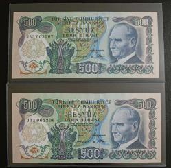 6. EMİSYON NADİR  J HARFİ SERİ TAKİPLİ 500 LİRALAR ÇİL KONDİSYONDA (2 ADET)