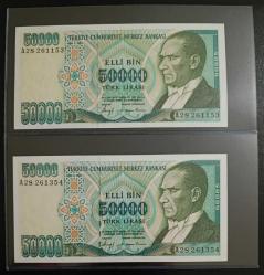 7.EMİSYON NADİR A HARFİ SERİ TAKİPLİ 50.000 LİRALAR ÇİL KONDİSYONDA(2 ADET)