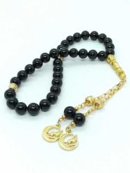 8 mm Oniks Taşı 33’lü Tesbih - Ay Yıldız, Bozkurt Püskül Uçlu - Esnek Misinalı