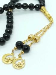 8 mm Oniks Taşı 33’lü Tesbih - Ay Yıldız, Bozkurt Püskül Uçlu - Esnek Misinalı