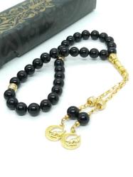 8 mm Oniks Taşı 33’lü Tesbih - Ay Yıldız, Bozkurt Püskül Uçlu - Esnek Misinalı