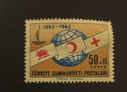 Türk Pulu - Turkish Stamp - Mektup Zarfından Kesilmiş / Postadan Geçmiş Pul Filateli -  ULUSLARARASI KIZILAY ve KIZILHAÇ HAREKETİ'NİN 100. YILI TEMALI PUL, 50+10 KURUŞ - Türkiye Cumhuriyeti - NOSTALJİK DOĞUM GÜNÜ HEDİYESİ
