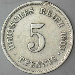 ALMANYA 5 PFENNİG 1905 E. II. WİLHELM DÖNEMİ.