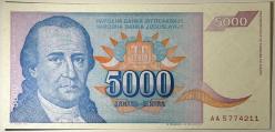 1994 Yugoslavya 5000 Dinar Çil Kondisyonda Koleksiyonluk Yabancı Kağıt Para