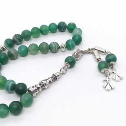 Semazen İşlemeli Gümüş Kaplama Püsküllü Mat Yeşil Akik Tespih