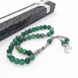 Semazen İşlemeli Gümüş Kaplama Püsküllü Mat Yeşil Akik Tespih