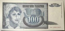 1992 Yugoslavya 100 Dinara Çil Kondisyonda Koleksiyonluk Yabancı Kağıt Para