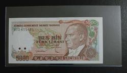 7.EMİSYON 2.TERTİP B SERİSİ BÜYÜK MEVLÂNALI 5000 LİRA ÇİL KONDİSYONDA