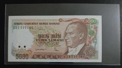 7.EMİSYON 2.TERTİP C SERİSİ BÜYÜK MEVLÂNALI 5000 LİRA ÇİL KONDİSYONDA