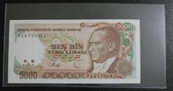 7.EMİSYON 3.TERTİP F SERİSİ BÜYÜK MEVLÂNALI 5000 LİRA ÇİL KONDİSYONDA