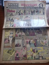 Hürriyet Pazar Gazetesi - Turkish Newspaper - 17 Ocak 1954 - Fatoş renkli karikatür - Dördüncü Kattaki Adnan çizen Maksu renkli karikatür - Güngörmüş Ailesi karikatür - karikatür sergisi - Hollywood dedikoduları - Barbara Osterman Kimdir - Can Canan Bican karikatür - aşk ve macera romanı Yasak Saadet çizen Şevki - hürriyetin haftalık aşk ve macera romanı tehlikeli aşk - Canbaba karikatür - bulmaca - İstanbul Ankara Radyosu programı - Churchill'in kızı Sarah Churchill televizyon yıldızı Fotoğrafı - Meksika'da eski Kızılderili Medeni kavimlerden olan Aztec'e dair yapılan kazılarda tarihi eserler meydana çıktı fotoğraf - antenli elbiseler - yeni model dikiş makinesi - Arktik Ve Antarktika kıtaları - Kaliforniya'da San Gabriel kasabasında yaşayan Gifford Smith antika eşyalar koleksiyonu yapmaya meraklıdır Fotoğrafı - 1878 yılında kullanılan bir yer temizleme aleti Fotoğrafı - 22 Ocak cuma saat 13.15 caz müziği programı - 19 Ocak saat 18.15 Aliye Doğançay Nezahat Bayram türküler
