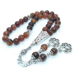 33’lü Damarlı Akik Tesbih / Gümüş Kaplama, İşlemeli İmame ve Kamçı