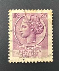 İtalya Pulu - Italy Stamp -  Postadan Geçmiş Pul Filateli - DAMGALI - SYRACUSE MADENİ PARASI TEMALI PUL, 25 PARA - YABANCI PULLAR -NOSTALJİK DOĞUM GÜNÜ HEDİYESİ