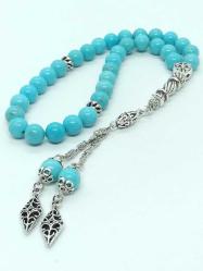 8mm Doğal Turkuaz Taşı Tespih - 33'lü Gümüş Kaplama İşlemeli