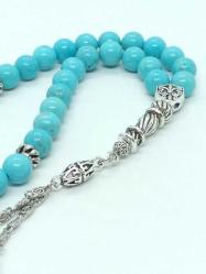 8mm Doğal Turkuaz Taşı Tespih - 33'lü Gümüş Kaplama İşlemeli