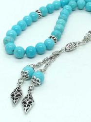 8mm Doğal Turkuaz Taşı Tespih - 33'lü Gümüş Kaplama İşlemeli