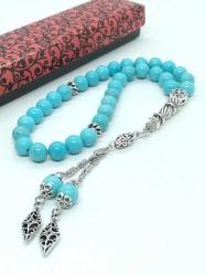 8mm Doğal Turkuaz Taşı Tespih - 33'lü Gümüş Kaplama İşlemeli