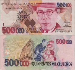 BREZİLYA 500 REAİS 1993 500.000 CRUZEİROS ÜSTÜNE SÜRŞARJ. ÇOK ÇOK TEMİZ(-)