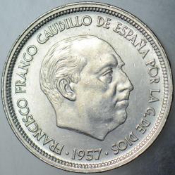 İSPANYA 50 PESETA 1957 (60) BÜYÜK BOY 30 mm. FRANCO DÖNEMİ. ÇİL(-)
