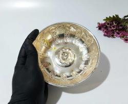 Gümüş Kaplama - Damgalı Hamam Tası - Çiçek Süslemeli Göbekli - Ağır Metal - Çok Büyük Boy - GÜMÜŞ RENKLİ