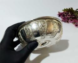 Gümüş Kaplama - Damgalı Hamam Tası - Çiçek Süslemeli Göbekli - Ağır Metal - Çok Büyük Boy - GÜMÜŞ RENKLİ