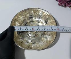 Gümüş Kaplama - Damgalı Hamam Tası - Çiçek Süslemeli Göbekli - Ağır Metal - BÜYÜK BOY - GÜMÜŞ RENKLİ