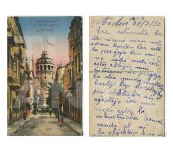 Osmanlı/Erken Cumhuriyet Dönemi - Galata Kulesi (La Tour de Galata) Renkli Kartpostal - Türk Bayraklı ve Yoğun El Yazılı