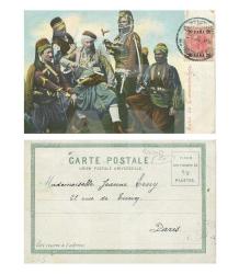 Osmanlı Dönemi Constantinople - Osmanlı Savaşçı Tipleri ve Zeybekler Renkli Kartpostal - Paris Varışlı ve Sürşarjlı Pullu