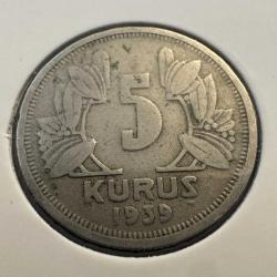 Türkiye 5 Kuruş 1939. Kapamasında.