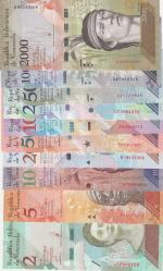 VENEZUELLA 2 BOLİVARESTEN 2000 BOLİVARESE KADAR 10 ADET YABANCI KAĞIT PARA LOTU / ÇL KONDİSYON