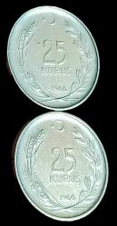 1966 25 Kuruş 2 adet 4gr 5gr aynı yıl 4gr'a düşürülmüştür 5gr Nadirdir