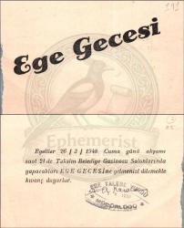 Ege Gecesi davetiyesi. Taksim Belediye Gazinosu, 1948. (Orijinal Belge, S/B, 1948, 9x14 cm.)