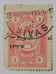 1921 Osmanlı Maliye Fiskal Pulları  üzerine  ''Osmanlı Postaları 1337''Sürşarjlı  Sivas Damgalı