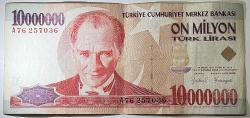 7. Emisyon 10 Milyon Türk Lirası A76 257036 Çok Temiz Kondisyonda Koleksiyonluk Eski Para
