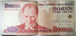 7. Emisyon 10 Milyon Türk Lirası A75 351355 Çok Temiz Kondisyonda Koleksiyonluk Eski Para