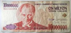 7. Emisyon 10 Milyon Türk Lirası H05 522393 Çok Temiz Kondisyonda Koleksiyonluk Eski Para