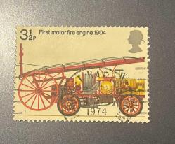 İngiltere Pulu - England Stamp - Postadan Geçmiş Pul Filateli - 1974  damgalı - İlk motorlu itfaiye aracını içeren  Kraliçe II. Elizabeth resimli posta pulu, 3 1/2 PARA - YABANCI PULLAR -NOSTALJİK DOĞUM GÜNÜ HEDİYESİ