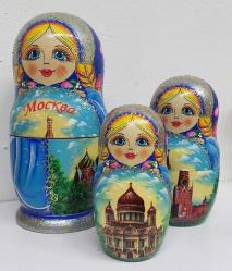 Rusya, Rus Matruşka Bebekleri. Geleneksel Klasik El Yapımı/Boyamalı Çok Renkli Şehir Manzaralı. Büyük Boy/3 Adet.